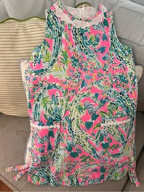 Lilly Pulitzer Sleeveless Floral Shift Dress Size 10 Pink Green Pockets